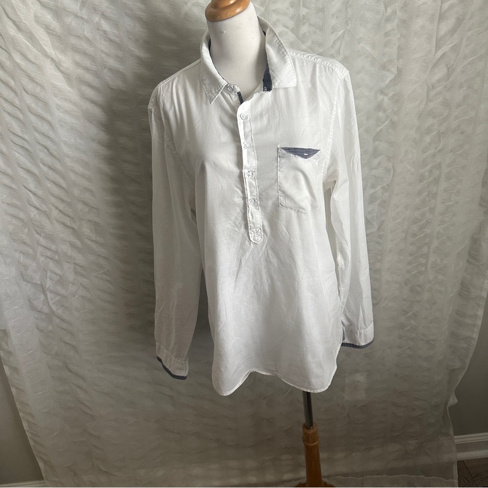 Guess Men’s White Woven Cotton Long Sleeve Placket Front Cabana Shirt w Navy M